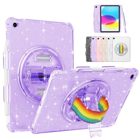 SaniMore for iPad 10.2 inch 9th/8th/7th Generation (2021/2020/2019) Cover with 360° Rotating Rainbow Wristlet Pencil Holder,Hidden Bracket Heavy Duty Protective Drop Resistant Shell, Purple