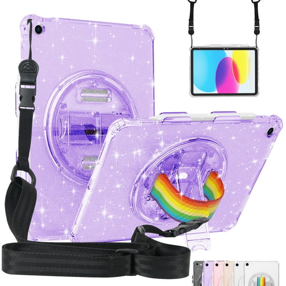 SaniMore for iPad 10.2 inch 9th/8th/7th Generation (2021/2020/2019) Cover with 360° Rotating Rainbow Wristlet + Shoudler Strap Pencil Holder,Hidden Bracket Heavy Duty Protective Shell, Purple