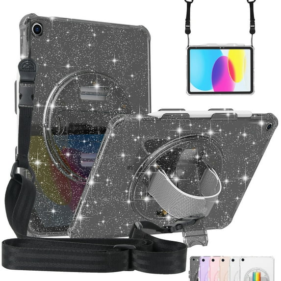 SaniMore for iPad 10.2 inch 9th/8th/7th Generation (2021/2020/2019) Cover with 360° Rotating Rainbow Wristlet + Shoudler Strap Pencil Holder,Hidden Bracket Heavy Duty Protective Shell, Black