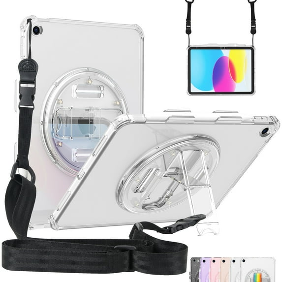 SaniMore for iPad 10.2 inch 9th/8th/7th Generation (2021/2020/2019) Cover with 360° Rotating Rainbow Wristlet + Shoudler Strap Pencil Holder,Hidden Bracket Heavy Duty Protective Shell, White