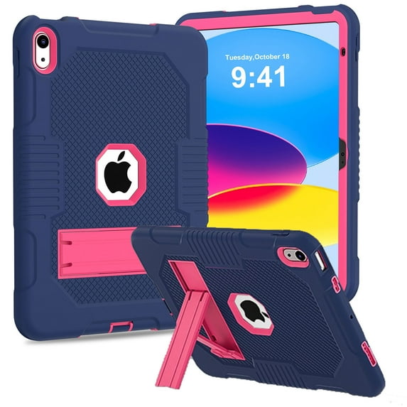 SaniMore for iPad 10th Generation 10.9" 2022 Back Case with Hidden Kickstand Heavy Duty Protective Tri-layer Hybird Shockproof Rubber Case for iPad 10th Generation 10.9" 2022,Navy+Rose