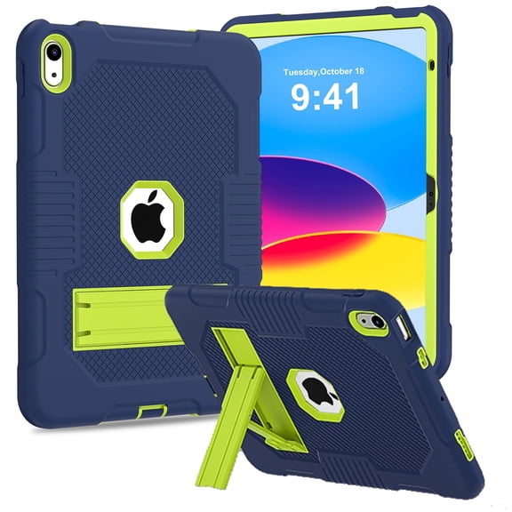 SaniMore for iPad 10th Generation 10.9" 2022 Back Case with Hidden Kickstand Heavy Duty Protective Tri-layer Hybird Shockproof Rubber Case for iPad 10th Generation 10.9" 2022,Navy+Green