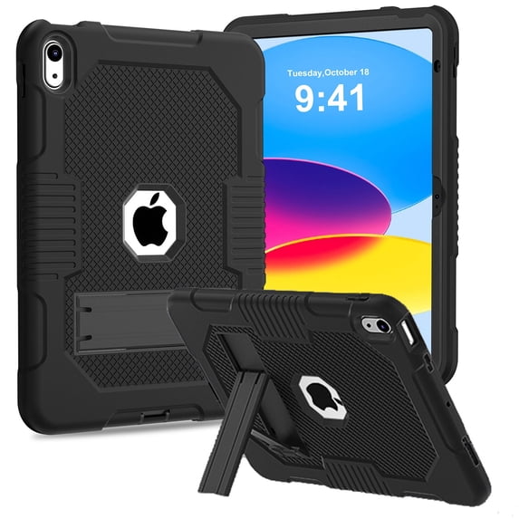 SaniMore for iPad 10th Generation 10.9" 2022 Back Case with Hidden Kickstand Heavy Duty Protective Tri-layer Hybird Shockproof Rubber Case for iPad 10th Generation 10.9" 2022,Black