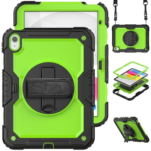SaniMore for iPad 10th Generation 10.9" 2022 Case, 3 Layers Multi-Functional Cover with Pencil Holder Shoulder & Hand Strap 360° Rotatable Kickstand Shockproof Protective Shell, Green+Black