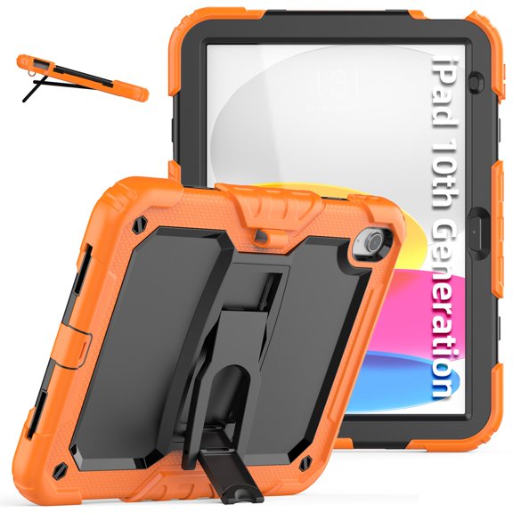 SaniMore for iPad 10th Generation 10.9" 2022 Case, 3 Layers Multi-Functional Cover Support Multi-Angle Kickstand & Adjustable Shoulder Strap Shockproof Protective Shell, Orange