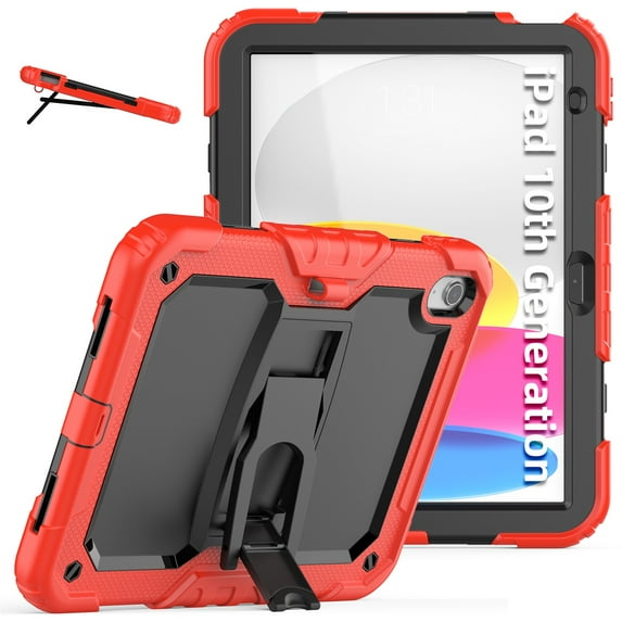 SaniMore for iPad 10th Generation 10.9" 2022 Case, 3 Layers Multi-Functional Cover Support Multi-Angle Kickstand & Adjustable Shoulder Strap Shockproof Protective Shell, Red