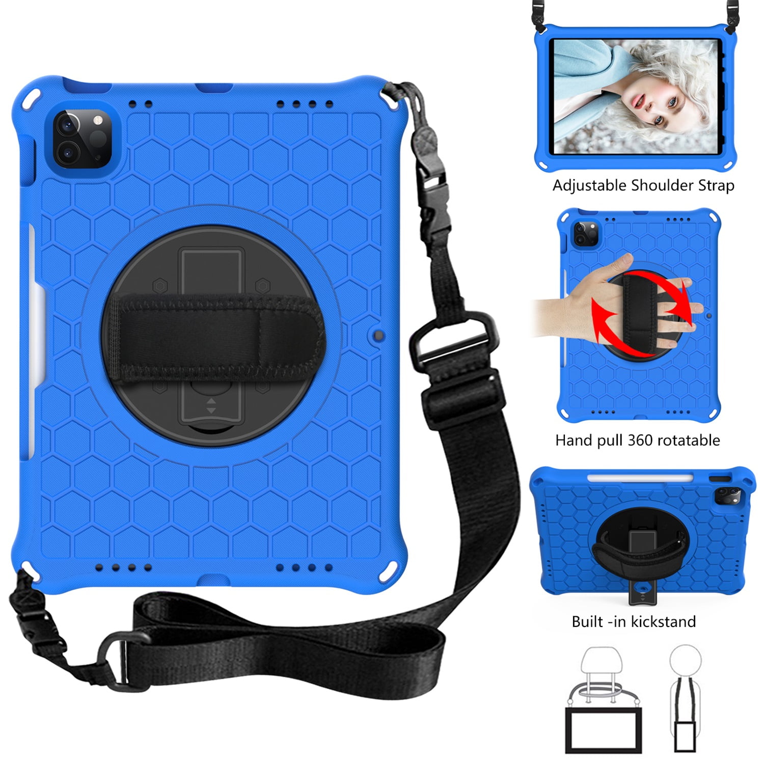 SaniMore for iPad 10th Generation 10.9" 2022 Case with 360° Rotatable Hand Strap, EVA & PC Case with Pencil Holder & Shoulder Strap Multi-Angle Kickstand Shockproof Protective Case, Blue+Black