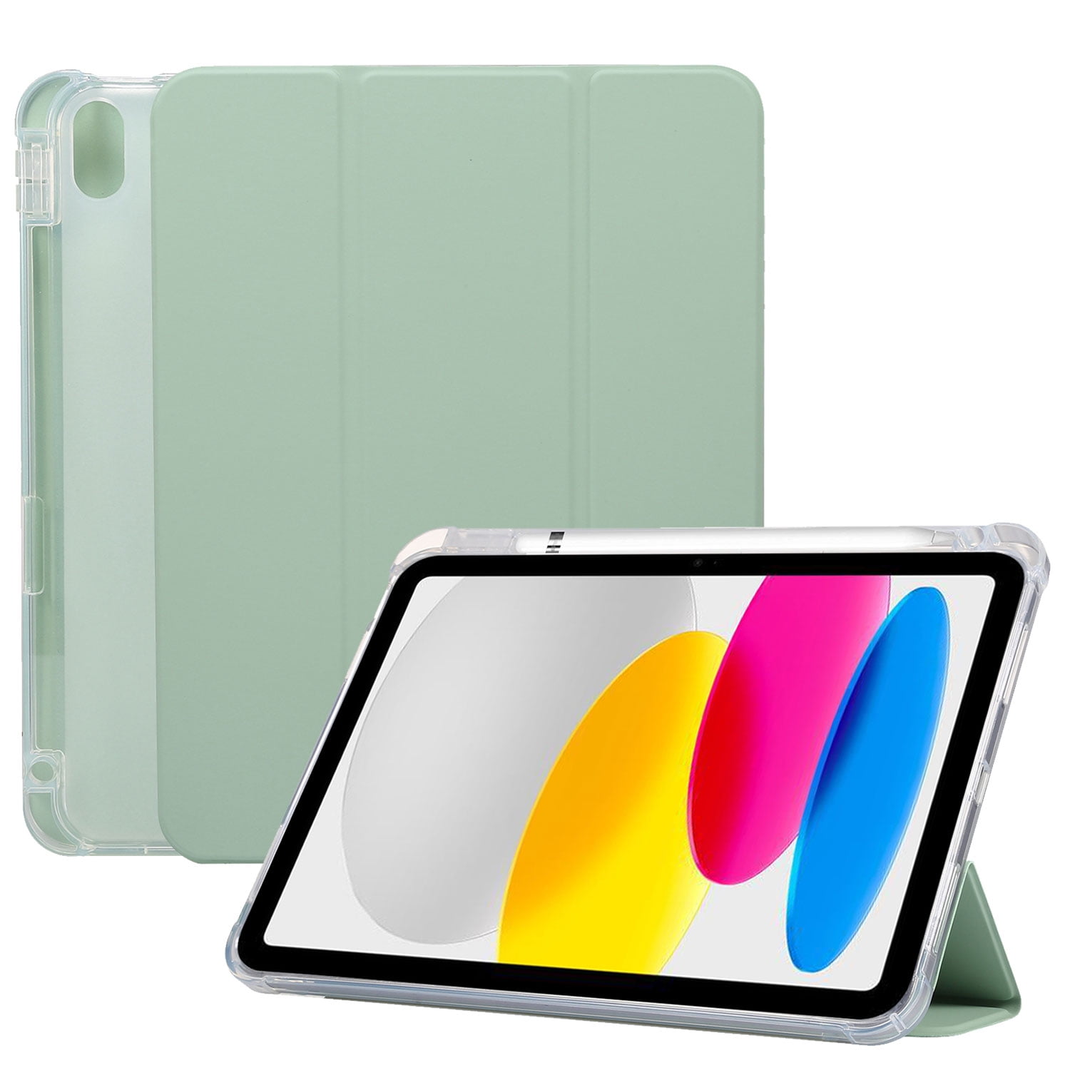 SaniMore for iPad 10th Generation 10.9" 2022 Case, Auto Sleep/Wake, Flexible TPU Case with Tri-Fold Kickstand & Pencil Holder Shockproof Protective Case for Women Men, Matchagreen