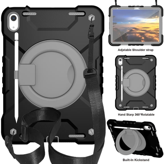 SaniMore for iPad 10th Generation 10.9" 2022 Case Built-in Pencil Holder, Multi-Functional Cover Support Shoulder & Handle Strap & Kickstand Military Shockproof Protective Shell, Black/Gray