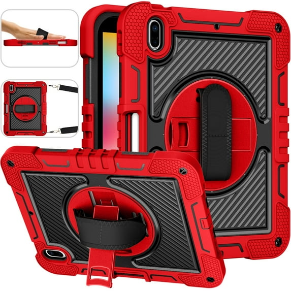 SaniMore for iPad 10th Generation 10.9" 2022 Case, Durable Bumper Case with Pencil Holder Shoulder & Hand Strap 360° Rotatable Kickstand Shockproof Protective Case for Boys Girls, Red+Black