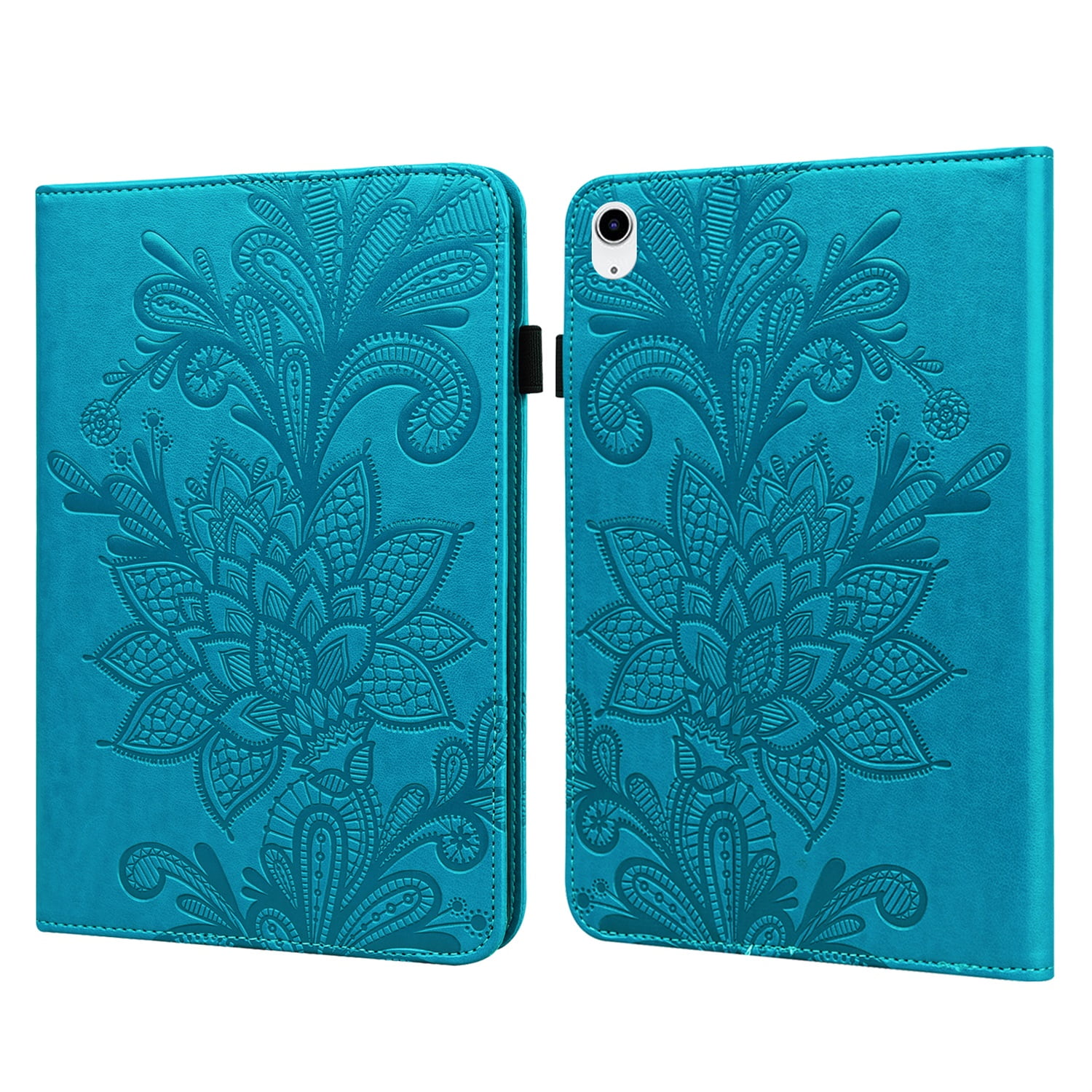 SaniMore for iPad 10th Generation 10.9" 2022 Embossed Case, PU Leather Case with Card Slot & Kickstand Pencil Holder & Hand Strap Shockproof Protective Case for Women Girls, Blue