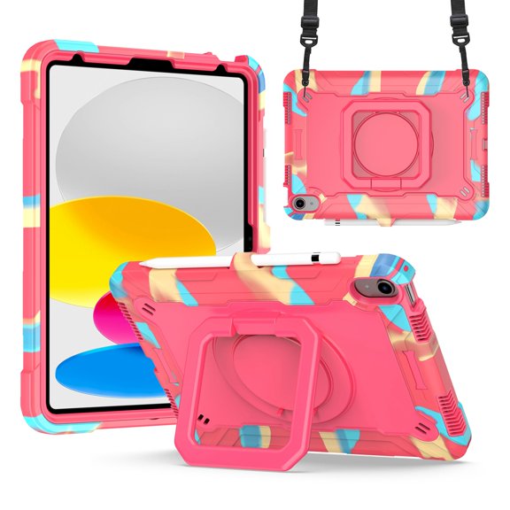 SaniMore for iPad 10th Generation 10.9" 2022 Kids Case, Multi-Functional Cover with Handle Shoulder Strap & 360° Rotatable Kickstand Pencil Holder Shockproof Protective Shell, Camouflage Rose