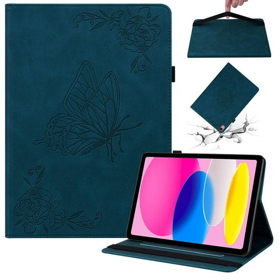 SaniMore for iPad 10th Generation 10.9" 2022 Wallet Case with Card Slots Anti-slip Strip Pen Holder Auto Wake/Sleep Stand Embossed Butterfly Hand Rope for Grils Women Case for iPad 10th Gen, Blue