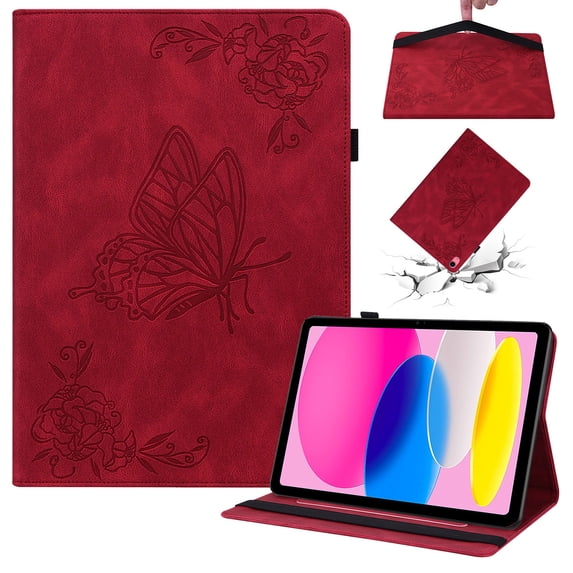 SaniMore for iPad 10th Generation 10.9" 2022 Wallet Case with Card Slots Anti-slip Strip Pen Holder Auto Wake/Sleep Stand Embossed Butterfly Hand Rope for Grils Women Case for iPad 10th Gen, Red