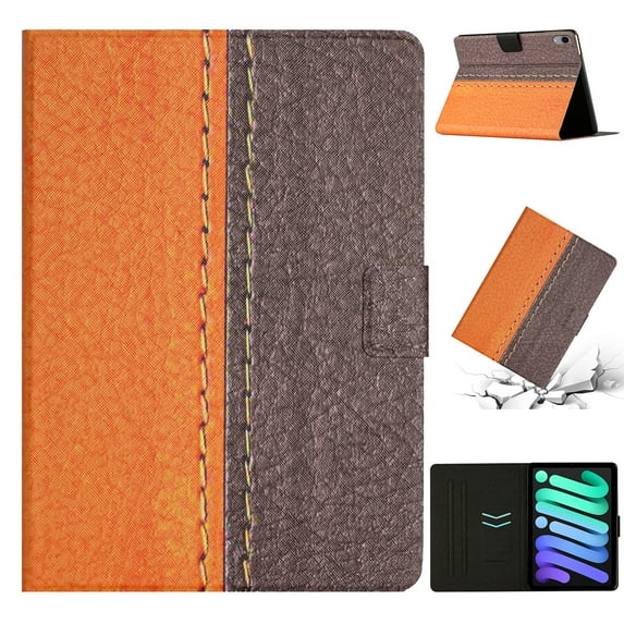 SaniMore for iPad Mini 6th Generation 8.3" 2021 Case, Auto Sleep/Wake, PU Leather Patchwork Magnetic Wallet Cover Support Card Slot & Multi-Angle Kickstand Shockproof Protective Shell, Orange