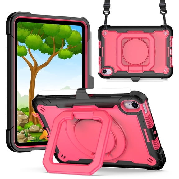 SaniMore for iPad Mini 6th Generation 8.3" 2021 Kids Case, Multi-Functional Cover with Handle Shoulder Strap & 360° Rotatable Kickstand Pencil Holder Shockproof Protective Shell, Black+Rose
