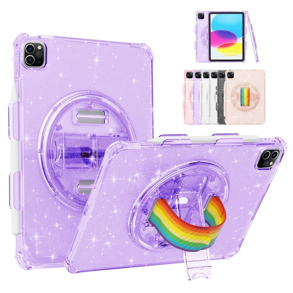 SaniMore for iPad Pro 11 2022/2021/2020/2018, iPad Air 5th/4th Generation/iPad 10.9" 2020 Cover with 360°Rotating Rainbow Wristlet Pencil Holder, Hidden Bracket Heavy Duty Shockproof Shell, Purple