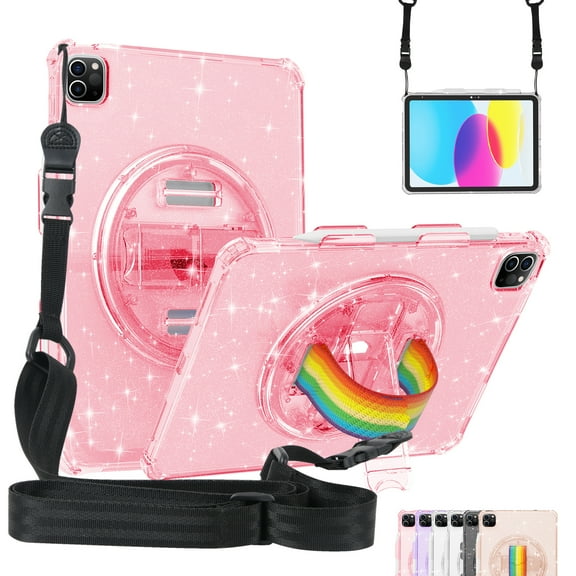 SaniMore for iPad Pro 11 2022/2021/2020/2018, iPad Air 5th/4th Generation/iPad 10.9" 2020 Cover with 360°Rotating Rainbow Wristlet + Shoudler Strap Pencil Holder, Hidden Bracket Shockproof Shell, Pink