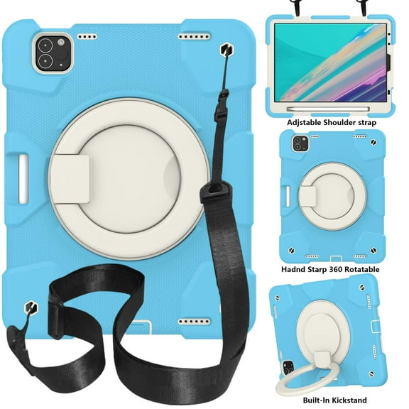 SaniMore for iPad Pro 11" 4th/3rd/2rd/1st Generation 2022/2021/2020/2018 Case with Pencil Holder, 3-Layer Protection Cover with Shoulder & Handle Strap Kickstand Shockproof Protective Shell, Blue