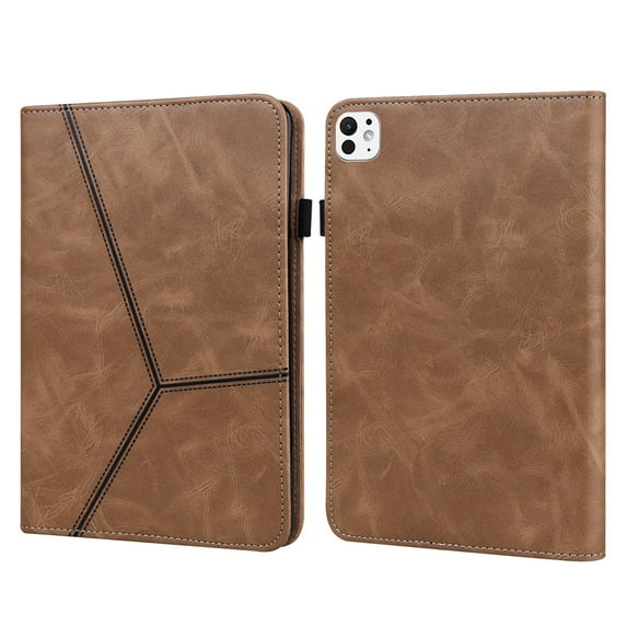 SaniMore for iPad Pro 13 2024 Embossed Stripe Case, PU Leather Case with Card Slot & Kickstand Pencil Holder & Hand Strap Shockproof Protective Case for Women Men, Brown