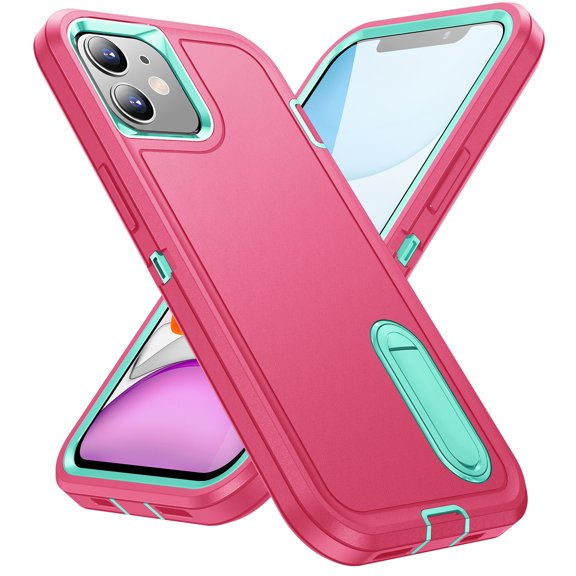 SaniMore for iPhone 11 6.1" 2019 Hybird Case, Rugged PC Back Shockproof TPU Shell Metal Hidden Kicksatnd Drop Resistant Anti-slip Heavy Duty Protective Case for iPhone 11, Rose+Mint