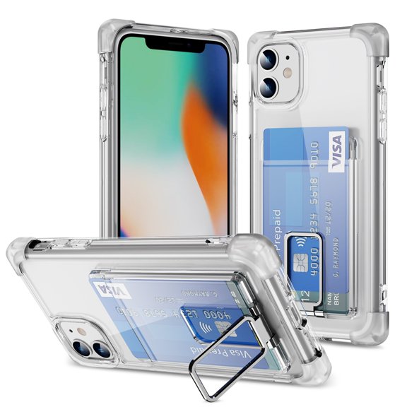 SaniMore for iPhone 11 Clear Case, Anti-yellow Transparent Backplane with Back Card Holder Metal Rotating Ring Bracket Shockproof Corners Sim Lightweight for iPhone 11 (6.1" 2033), Clear