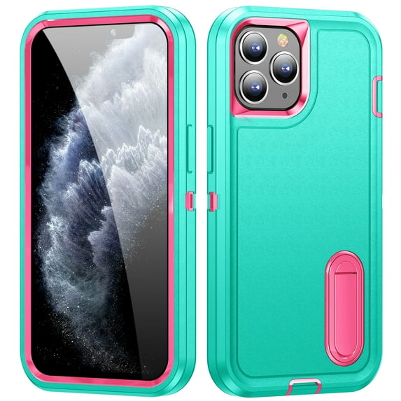 SaniMore for iPhone 11 Pro 6.1" 2019 Hybird Case, Rugged PC Back Shockproof TPU Shell Metal Hidden Kicksatnd Drop Resistant Anti-slip Heavy Duty Protective Case for iPhone 11 Pro, Mint+Rose