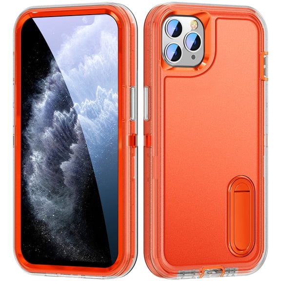SaniMore for iPhone 11 Pro Max 6.7" 2019 Hybird Case, Rugged PC Back Shockproof TPU Shell Metal Hidden Kicksatnd Drop Resistant Anti-slip Heavy Duty Protective Case for iPhone 11 Pro Max, Clear+Orange