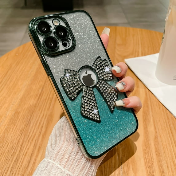 SaniMore for iPhone 11 Pro Max Case Bowknot Glitter Rhinestone Bling Plating Luxury Women Girl, Shine Diamond Case for iPhone 11 Pro Max 6.5" 2019 Protective Cover, Clear Gradient Darkgreen