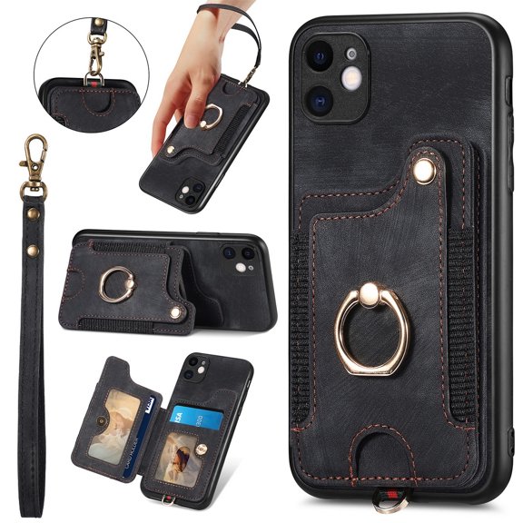 SaniMore for iPhone 11 Wallet Case, [RFID Blocking] Elastic Card Slot Vehicle Magnetic PU Leather Ring Holder & Lanyard Stand Money Pocket Protective Cover for iPhone 11, Black