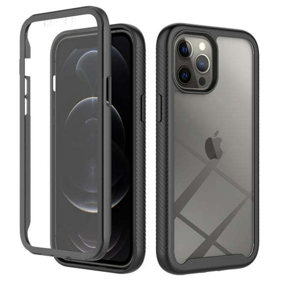 SaniMore for iPhone 12/12 Pro Case, Rugged PC Back & TPU Bumpers Two-Layer Structure Transparent Cover with PET Screen Protector Shockproof Protective Shell for iPhone 12/12 Pro, Black