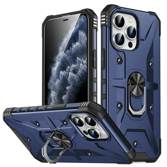 SaniMore for iPhone 12/12 Pro Multi-Functional Case, Rugged PC Magnetic Cover Built-in Car Mount & 360° Rotatable Metal Ring Kickstand Military Grade Shockproof Protective Shell, Darkblue