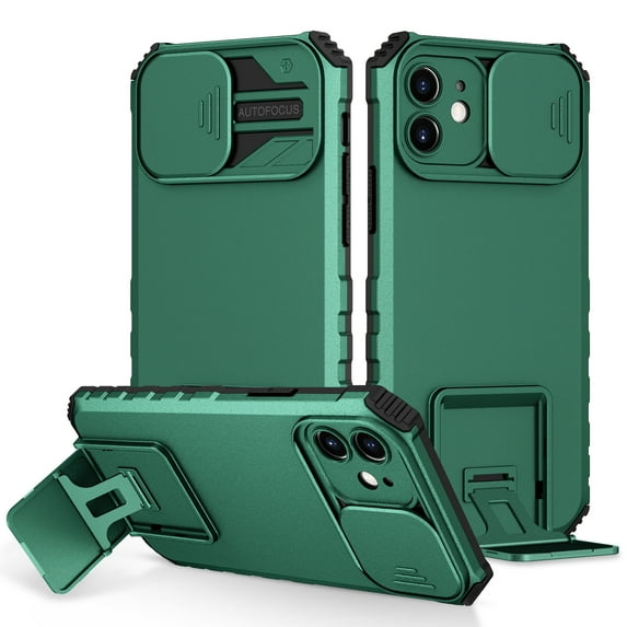 SaniMore for iPhone 12 Case 2020, for iPhone 12 Phone Case with Slide Camera Cover Built-in Kickstand Dual Layer Hybrid Shockproof Case for iPhone 12 6.1", Darkgreen