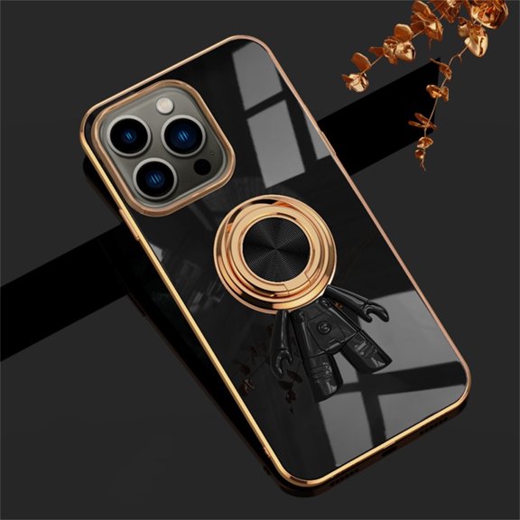 SaniMore for iPhone 12 Pro All-Inclusive Electroplating Silicone Magnetic Case, Three Dimensional Astronaut Case with Car Mount & Ring Kickstand Shockproof Protective Cover, Black