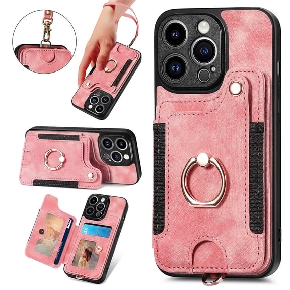 SaniMore for iPhone 12 Pro Max Wallet Case, [RFID Blocking] Elastic Card Slot Vehicle Magnetic PU Leather Ring Holder & Lanyard Stand Money Pocket Protective Cover for iPhone 12 Pro Max, Pink