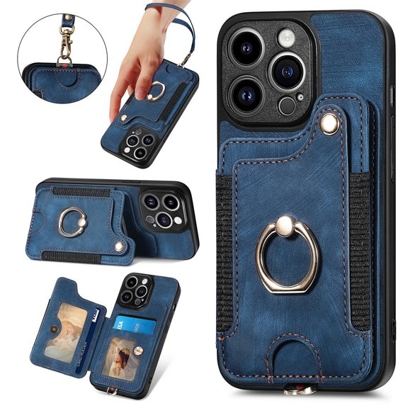 SaniMore for iPhone 12 Pro Max Wallet Case, [RFID Blocking] Elastic Card Slot Vehicle Magnetic PU Leather Ring Holder & Lanyard Stand Money Pocket Protective Cover for iPhone 12 Pro Max, Blue