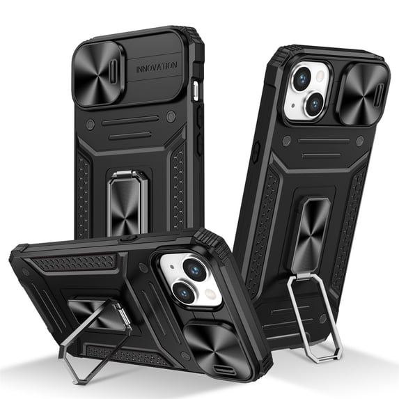 SaniMore for iPhone 12 Stand Case, Slide Camera Cover 360 Degree Rotating Kickstand Magnetic Car Mount Hybird Tri-layer Rugged Shell Military-grade Shockproof Anti-drop Cover, Black