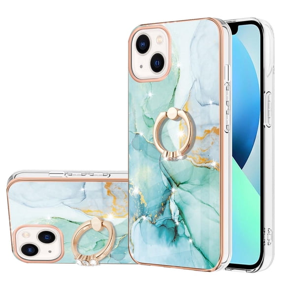 SaniMore for iPhone 13 6.1" 2021 Case with 360 Degree Rotating Metal Ring Shockproof TPU Backplane Marble Pattern Luxury Fashion Anti-drop Cover For iPhone 13, Green