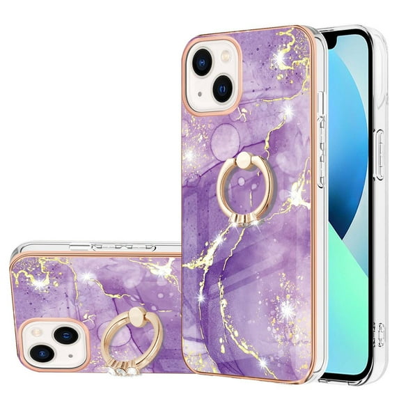 SaniMore for iPhone 13 6.1" 2021 Case with 360 Degree Rotating Metal Ring Shockproof TPU Backplane Marble Pattern Luxury Fashion Anti-drop Cover For iPhone 13, Darkpurple