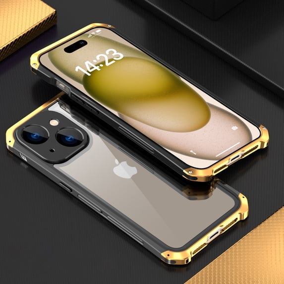 SaniMore for iPhone 13 Case, Aluminum Alloy Glass Backplane Transparent No-yellow Wireless Charing Slim Lightweight Drop Resistant Shockproof Anti-scratch Military Grade Protective Shell, Blackgold