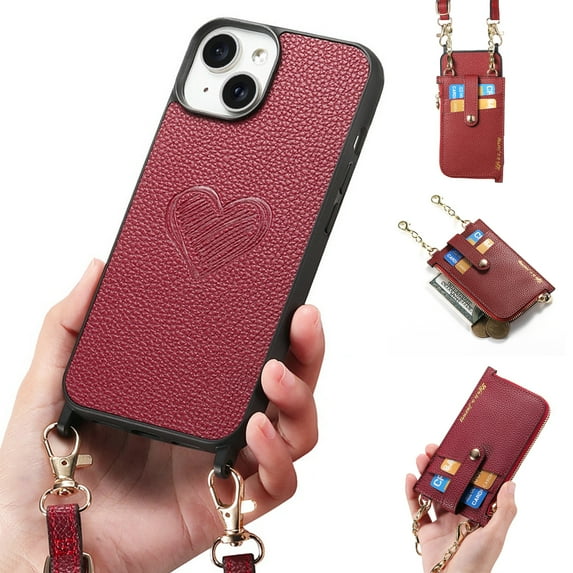SaniMore for iPhone 13 Case, PU Leather Removeable Zipper Purse with Card Slots Crossbody Lanyard Shockproof Bumper Anti-drop Love Heart Stylish for Girls Women Wallet Cover for iPhone 13, Red