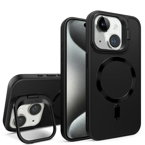 SaniMore for iPhone 13 Case, Rugged Frosted PC Magafe Shell, Camera Lens Protection with Foldable Bracket, Wireless Charging Magnetic Car Mount Shockproof Anti-fall, Black