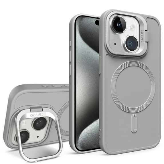 SaniMore for iPhone 13 Case, Rugged Frosted PC Magafe Shell, Camera Lens Protection with Foldable Bracket, Wireless Charging Magnetic Car Mount Shockproof Anti-fall, Gray