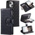 thumbnail image 1 of SaniMore for iPhone 13 Mini PU Leather Case, 3D Lattice Pattern for Girls Card Slots Zipper Purse Glitter Magnetic Clasp Flip Kicstand [Hand Rope] Full Protection Shockproof, Black, 1 of 16