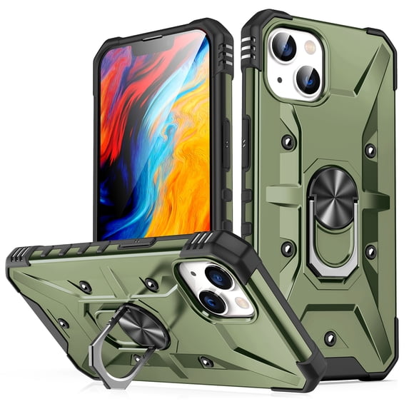 SaniMore for iPhone 13 Multi-Functional Case, Rugged PC Magnetic Cover Built-in Car Mount & 360° Rotatable Metal Ring Kickstand Military Grade Shockproof Protective Shell, Armygreen