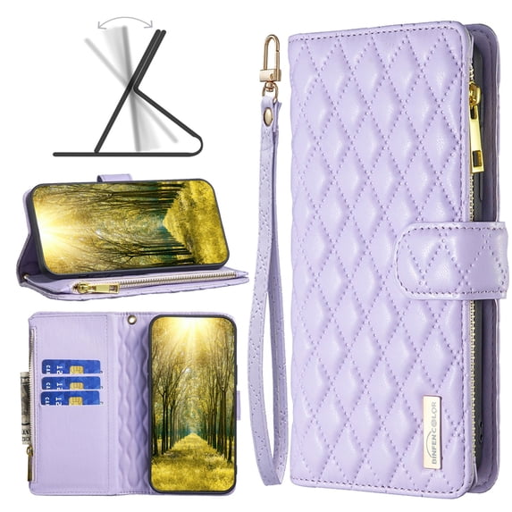 SaniMore for iPhone 13 PU Leather Case, Magnetic Clasp Flip Zipper Wallet Cover with Card Slot & Adjustable Kickstand Wrist Strap Full Body Protective Shell for Women Girls, Purple