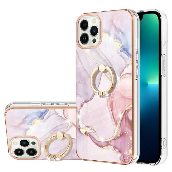 SaniMore for iPhone 13 Pro 6.1" 2021 Case with 360 Degree Rotating Metal Ring Shockproof TPU Backplane Marble Pattern Luxury Fashion Anti-drop Cover For iPhone 13 Pro, Rosegold