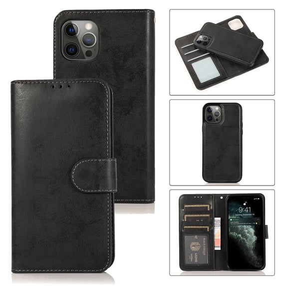 SaniMore for iPhone 13 Pro 6.1" 2021 Case, Flip Folio PU Leather Wallet Cover with Detachable Shell Wrist Strap Kickstand Card Slots Business Shockproof Case with Magnetic Clasp, Black