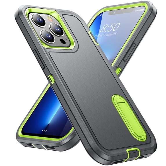 SaniMore for iPhone 13 Pro 6.1" 2021 Hybird Case, Rugged PC Back Shockproof TPU Shell Metal Hidden Kicksatnd Drop Resistant Anti-slip Heavy Duty Protective Case for iPhone 13 Pro, Gray+Green