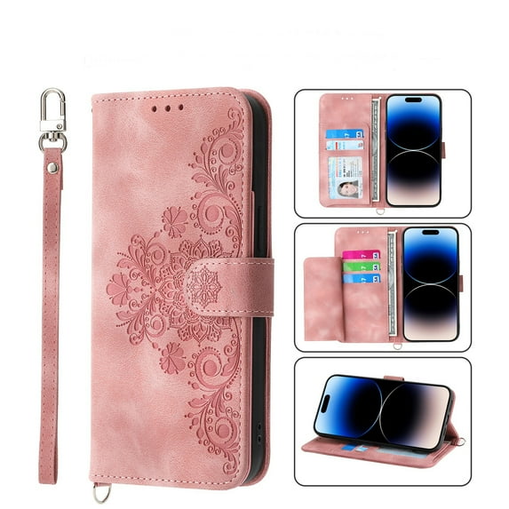 SaniMore for iPhone 13 Pro 6.1" Magnetic Flip Wallet Case with Cross Body Strap, PU Leather Case with Card Slot & Multi-Angle Kickstand Shockproof Protective Case for Girls Ladies, Pink